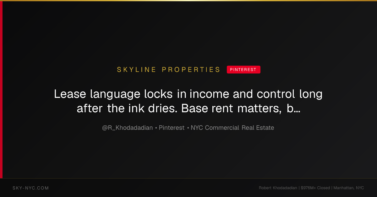 Lease language locks in income and control long after the ink dries. Base rent matters, but escalations, tax and operating expense reimbursements, assignment and subletting rights, renewal options and guarantees determine income durability and future flexibility. Buyers and lenders underwrite lease structure; weak reimbursement language or overly tenant-friendly options can reduce value even when rent is current. We explain these levers in our post “What Are Lease Terms I Should Negotiate as ... — Skyline Properties on Pinterest