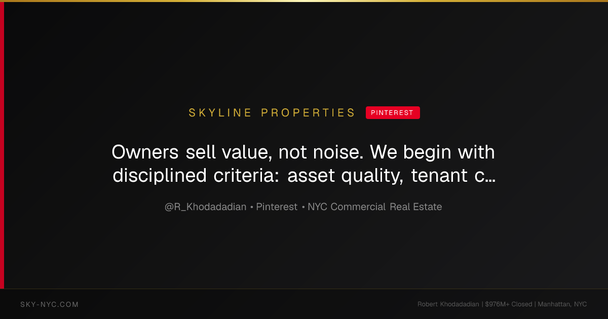 Owners sell value, not noise. We begin with disciplined criteria: asset quality, tenant cash flow, and timing. Private capital that pays for Manhattan opportunities waits for certainty-reviewed leases, verified title, and a controlled marketing horizon. As Manhattan’s Off-Market Investment Sales Authority, we manage that process to preserve price and limit exposure. Send the property address for a confidential review. Link in bio. #ManhattanOffMarket #CommercialRealEstate #ConfidentialSale #S... — Skyline Properties on Pinterest
